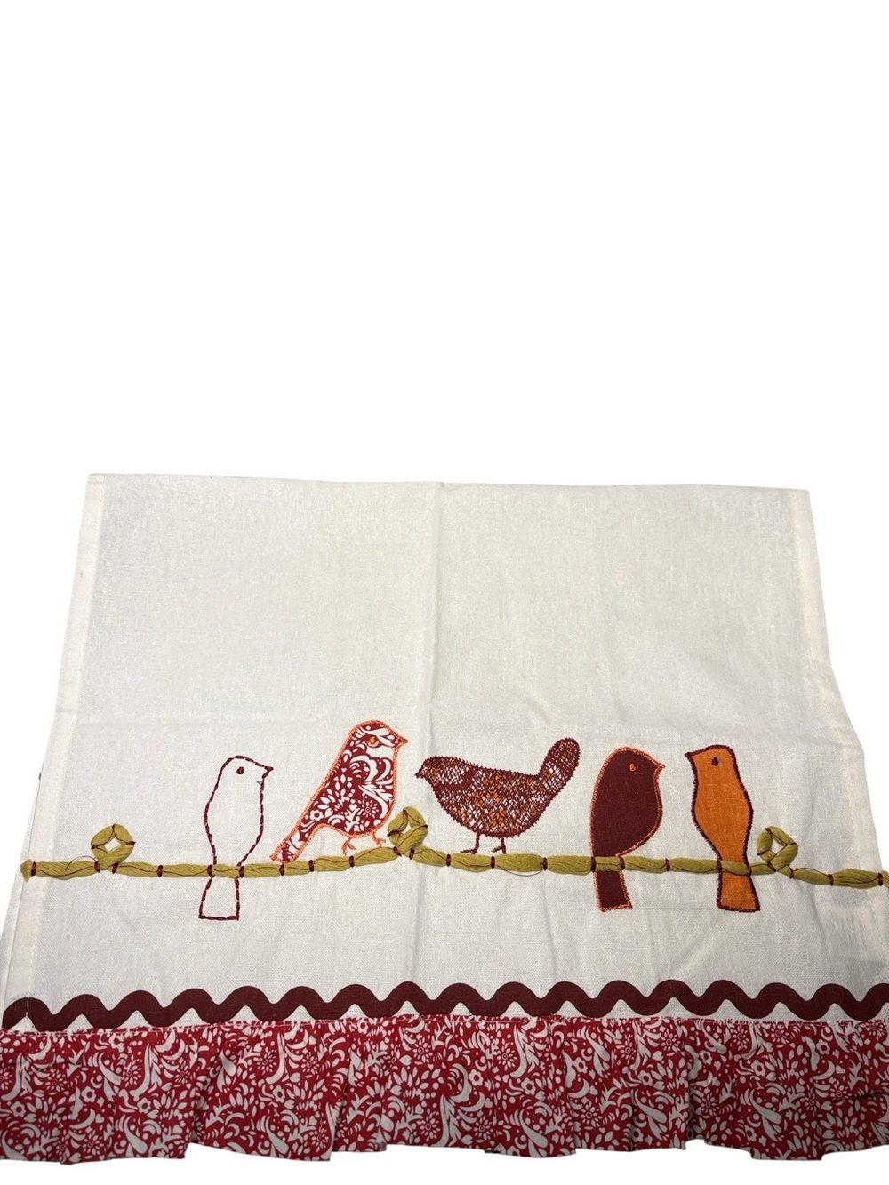 Boho Birds on a Wire Applique Embroidered Ruffle Kitchen Dish Towel New